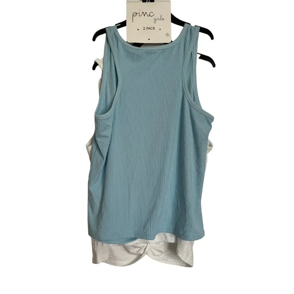 NWT BUNDLE of 2 Pinc Girls T-Shirt 16 White Blue Ribbed Sleeveless Tee Tops